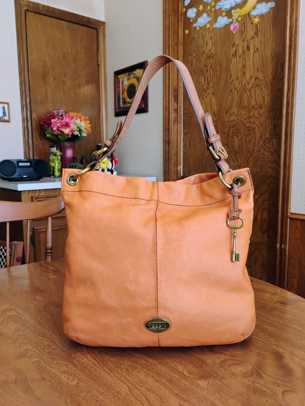 Fossil Vintage 1954 Soft Orange Pebbled Leather Hobo Bag Key Charm And Web Strap
